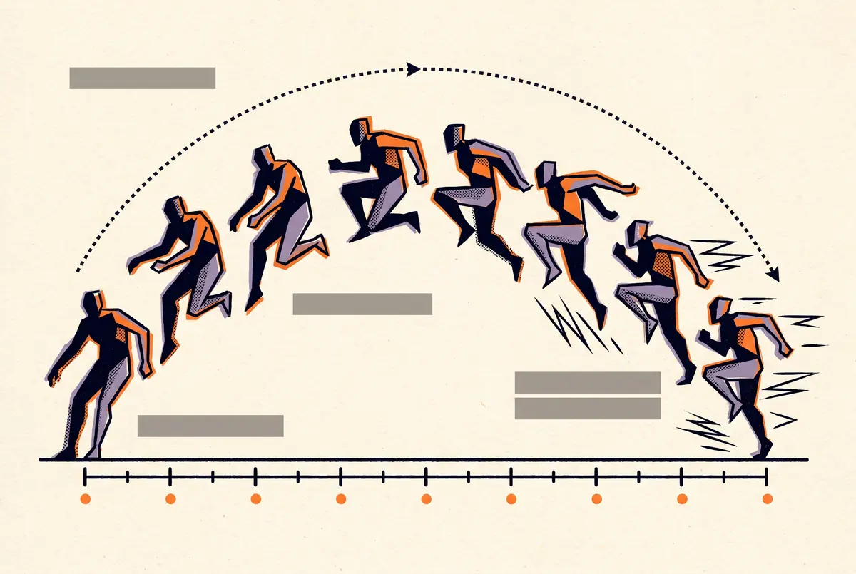 Animation breakdown: one figure in eight sequential poses across a jump arc, with a dotted motion path, speed lines and a timing rule beneath.