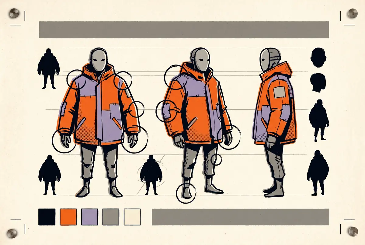 Character turnaround sheet: an angular figure in a patched jacket drawn front, three-quarter and profile, with construction circles, silhouette studies and a row of colour swatches.