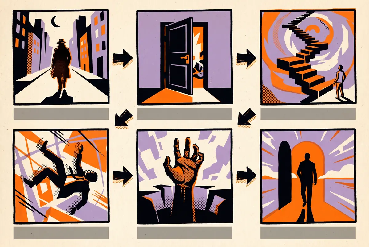 Storyboard beat page: six ruled panels following a figure down a night street, through a doorway, up a stairway, a fall, a reaching hand, and a silhouette stepping into light.