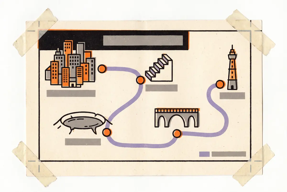 World bible plate: a taped-down schematic map of an invented place — a block city, a stairway range, a crater lake, a bridge and a tower joined by a lavender route line with orange station markers.