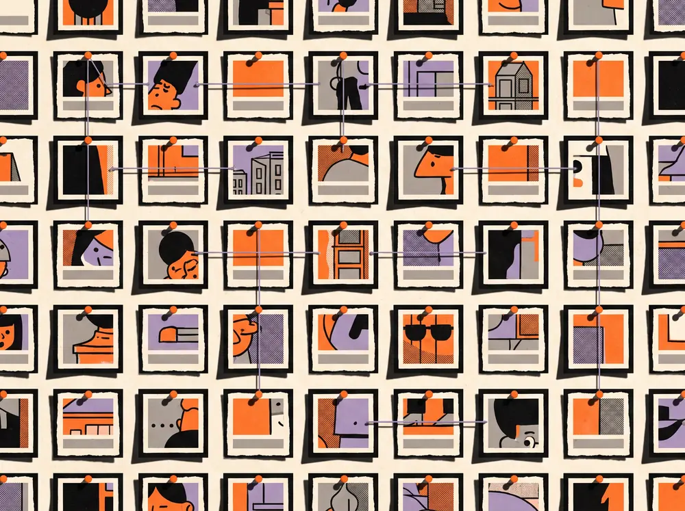 A wall of pinned artwork cards in a grid, some crooked, joined by taut lavender thread running between orange pin heads.