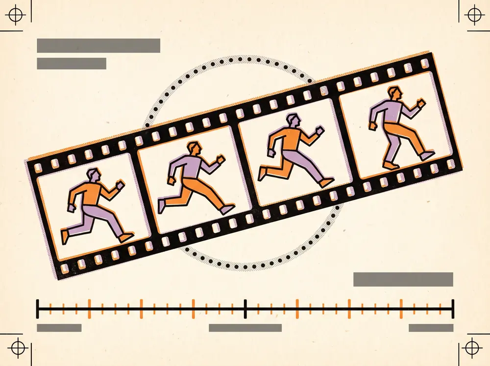 A strip of film frames laid diagonally across cream paper, each holding one pose of a figure mid-stride, with a dotted motion arc and a timing rule beneath.
