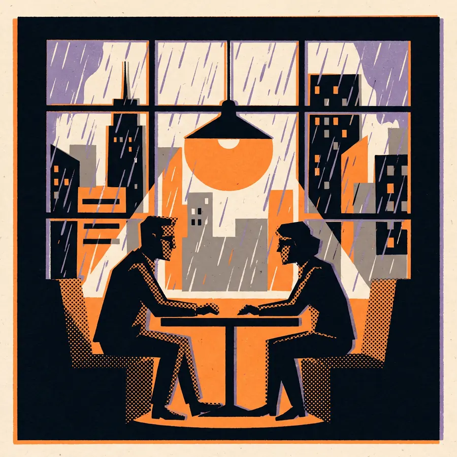 Tea Time — two figures sharing tea above a rainy night city